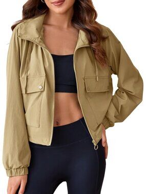 Women's Khaki Long Sleeve Cropped Hooded ZIP Up Anorak Coat Military Jacket
